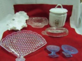 Vintage Glassware, Milk Glass, Cookie Jar, Fan Tray, Blue Glass