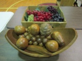 Vintage Décor, Wood Bowl and Fruit and Rubber Grapes