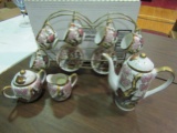 Andrea Tea Set with Metal Rack, Peacock Design with Gold Trim