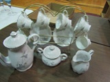 Vintage Yamaka China Tea Set, Metal Rack, Silver Leaf Design