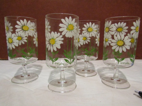 Vintage Set of 4 Culver Ltd. Daisy Handpainted Stemmed Glasses