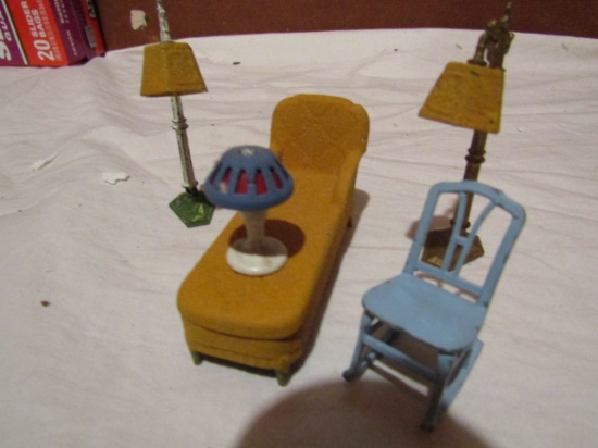 Tootsie Metal Dollhouse Furniture, Gold Lamps, Chairs