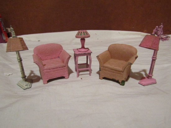 Tootsie Metal Dollhouse Furniture, Pink Lamps, Chairs