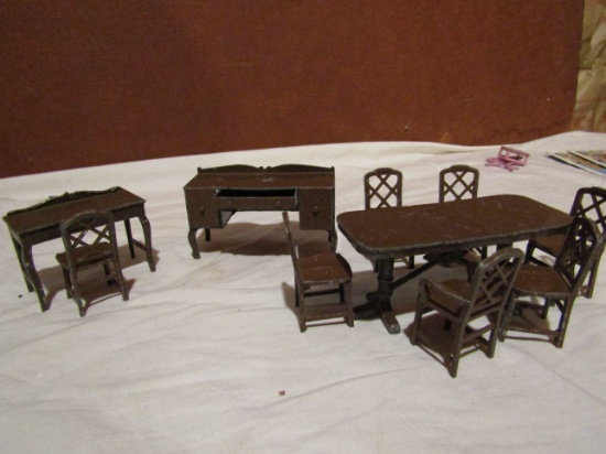 Tootsie Metal Dollhouse Furniture, Brown Desks and Table Set