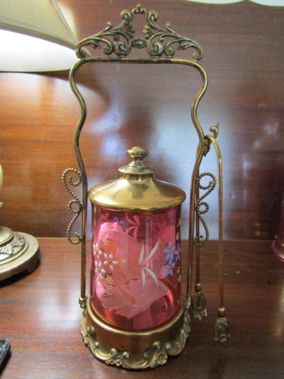 Antique/Vintage Cranberry Pickle Jar, 3 Piece Set, Quadruple Plate Silver