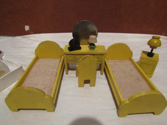 Vintage Yellow Wood Miniture Doll Furniture, Bedroom