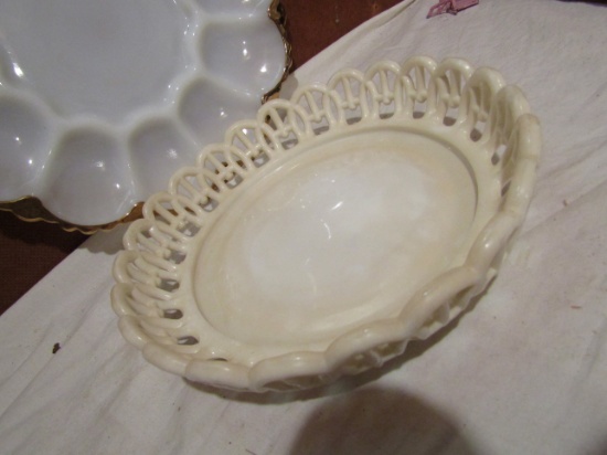 Antique/Vintage Milk Glass Bowl and Egg Tray with Gold Trim