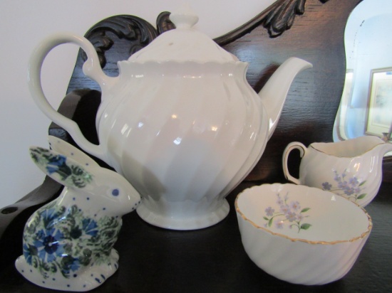Bone China Adderly, "Forget Me Not" and Teapot, Crown Rabbit