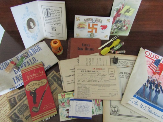 War Ration Book With Holder and Stamps, Early 1900s Post Cards and Advertising