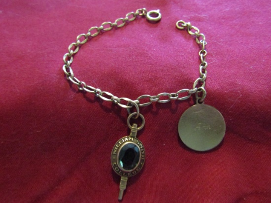 Vintage Gold Plated Bracelet with 2 Charms, Green /stone Charm Stamped 10KT