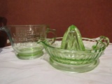 1930s Large Green Uranium/Vaseline Juicer and 2 Cup Measuring Cup