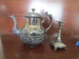 Antique Ornate Teapot Quadruple Plate 1892 Derby Silver Co. and J.B. Candlestick