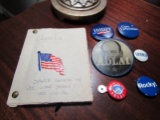 Vintage Political Pins, Adlai Flash Pin etc. and Seals Collection With War Seals