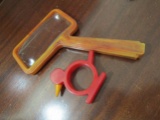 1930s Vintage Baush & Lomb Opt Orange Brown Magnifying Glass and Red Bird Napkin Holder, Bakelite