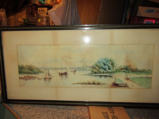 Antique/Vintage Watercolor Painting by S. Brooks, Wood Frame, 37' x 18"