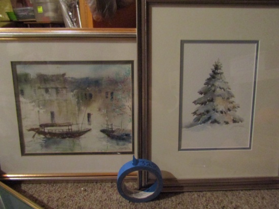 Lot of 2 Signed Art, Tree and Sailboats, Watercoloring?