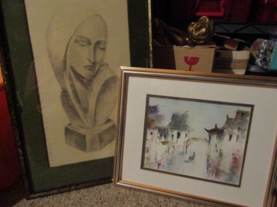 Lot of 2 Signed, Watercolor and Modernist Print