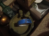 Vintage Décor, Soap Dish, Pottery Bird Bath, Tin Holder, Bag of Wooden Spools