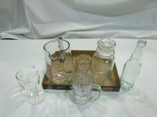 Vintage Glassware, Pitcher, Bottle, Mugs, Canister