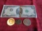 Lot of 6, 1993 and 96 Half Dollar, 1976 2 Dollar Bill, 1968 Quarter