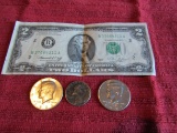 Lot of 6, 1993 and 96 Half Dollar, 1976 2 Dollar Bill, 1968 Quarter