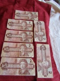 Lot of 7, 1986 Canada 2 Dollar Paper Currency, EBE, BBM, BBK, ARZ, CBJ, ART, EBU