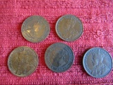 Lot of 5, 2-1918 Canadian 1 Cent Large Copper Coin and 1884, 1909, 1916