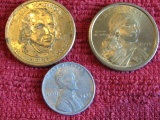1943 Silver Steel Wheat Penny and 2007 James Madison Presedential Golden Dollar Coin