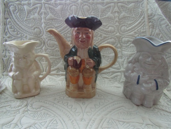 Toby HJ Wood, England Teapot and 2 Vintage Pitchers