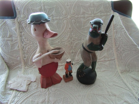 Carved Wood Folk Art Figurines, Duck 13", Frog 12", Sailor 5"