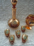 Bohemian DeCanter with 5 Shot Glasses and Jeweled Italy Stem Glass