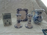 Vintage Delfts Lot, Candlesticks, Frame, Pitcher, House Ashtray