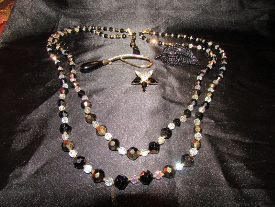 Vintage Long Double Strand Glass Necklace and 3 Brooches