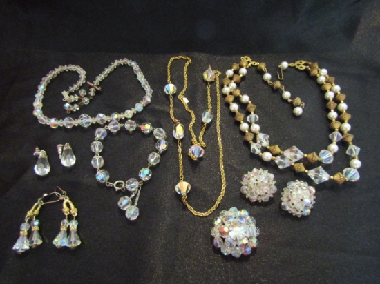 Vintage Lot of Crystal / Glass Necklace, Brooch, Earrings