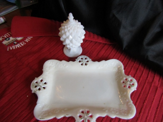 Vintage Milk glass Vanity Plate and Trinket Jar