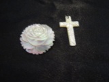 Mother of Pearl Rose Brooch and Cross Pendent