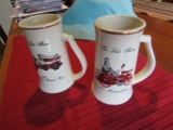 Lot of 2 Griffith Pottery House, Pa. The Last Album, 788, Gold Trim Steins, Fire Truck