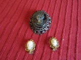 Florenza Cameo Earring and Large Black Glass Cameo Collar/Brooch