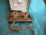 Vintage Gold Tone Swank Cuff links and Tie Pin, Nixon Pin, Pocket Knife