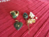 Gold Tone Brooch, Ring and Heart Pendent