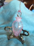 Vintage Cranberry Krackle Glass Perfume Bottle with Brass Stand/Holder