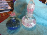 Lot of 2, Vintage Art Glass Perfume Bottle and Signed Paperweight, Floral Design