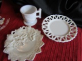 Vintage Milk glass, Fox and Lace Plate and Robin Mug