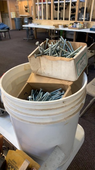 Bucket of assorted carriage bolts and nails