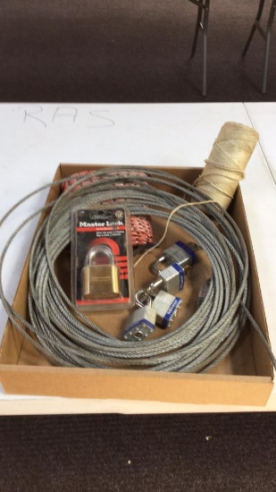 Lot of padlocks, cable, rope and twine