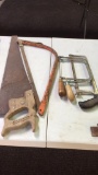 Lot of hack saws, bow saw, hand saw