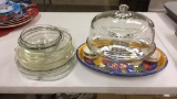 Glass bowls & pie pans, glass cake stand, s
