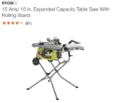 RYOBI 10” expanded capacity table saw w/rolling
