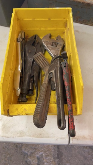 Lot of vise-grips, adjustable wrenches, 8” pipe