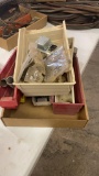 Box of plastic bins & misc parts